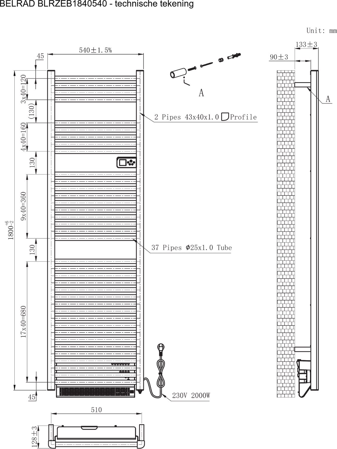 BELRAD elektrische handdoekradiator met blower – Smart WiFi – digitale thermostaat – 2000W – 1840x540 mm – mat zwart