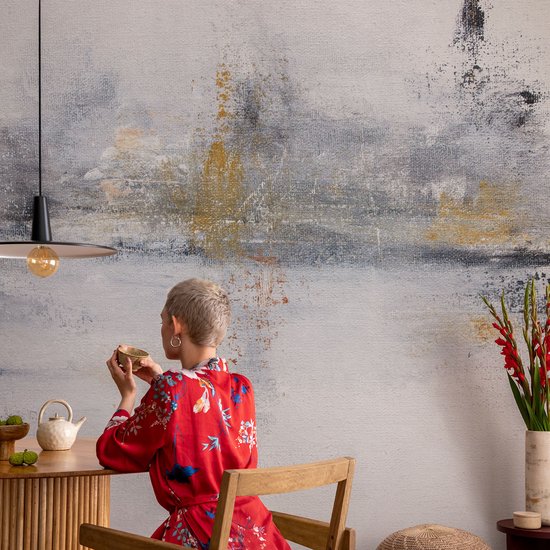 Wallfluent Zelfklevend Fotobehang - Wit Vliesbehang - 250x104 cm - Harmonieuze Abstractie Behang Zonder Lijm - Slaapkamer behang Abstractie - Scheurbestendig Behang - Polyester Behang