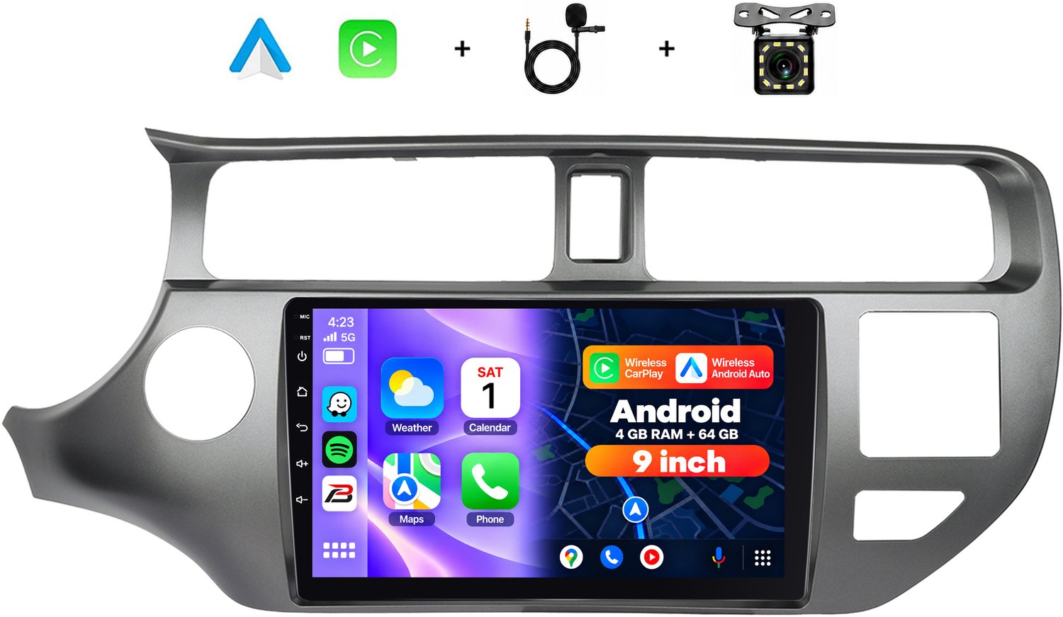 Boscer 2 Din Android 15 Autoradio - Geschikt voor Kia Rio (2012-2014) - Draadloos Apple Carplay & Android Auto - 4+64GB - 9 Inch HD IPS Touchscreen - GPS Navigatie - WIFI, Bluetooth & USB - Achteruitrijcamera & Microfoon