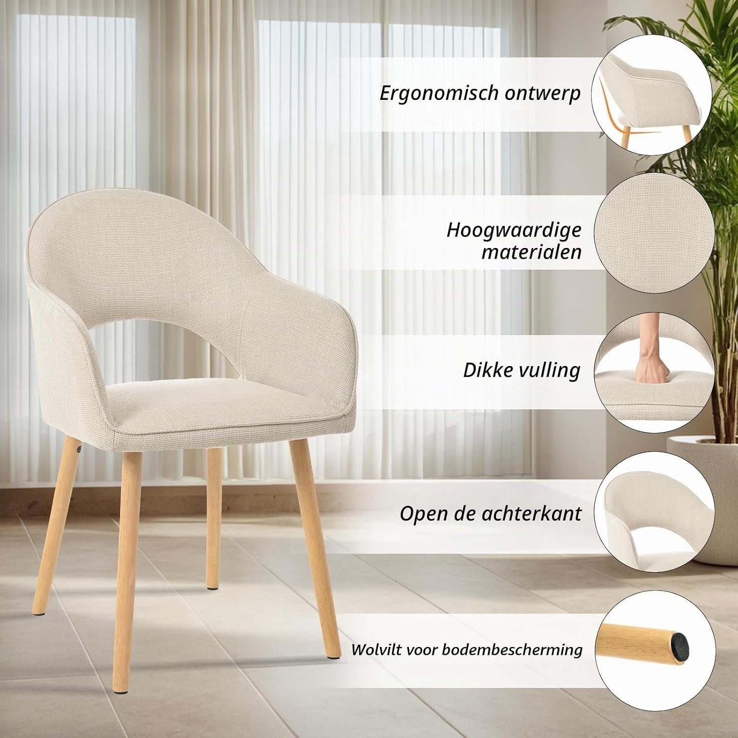 Set van 4 Luxe Beige Fluwelen Eetkamerstoelen met Houten Poten en Ergonomische Rugleuning en Armleuningen – Gestoffeerde Keukenstoelen voor Eetkamer en Woonkamer