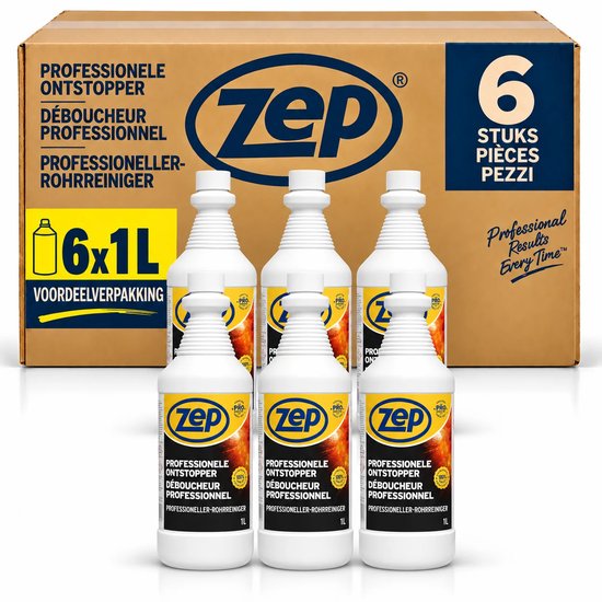Voordeelverpakking met 6 flessen Zep professionele ontstopper van 1 liter voor professioneel resultaat.