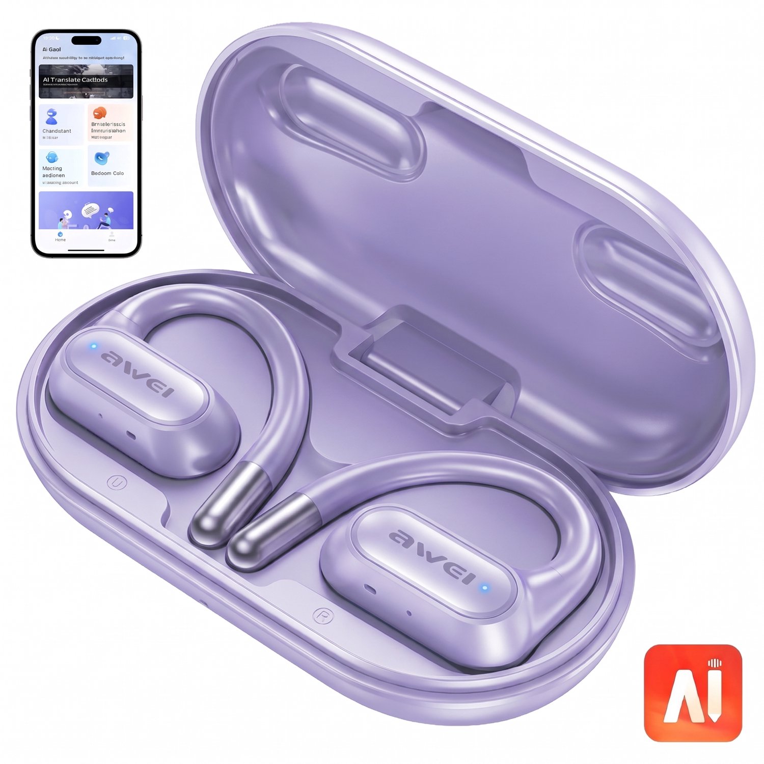 AWEI T93 - Sport Oordopjes - Open-Ear Oorclips - Draadloos Bluetooth Clip On Design - AI-vertaalfunctie - ENC Ruisonderdrukking - 40 Uur Batterijduur - voor Hardlopen - Paars