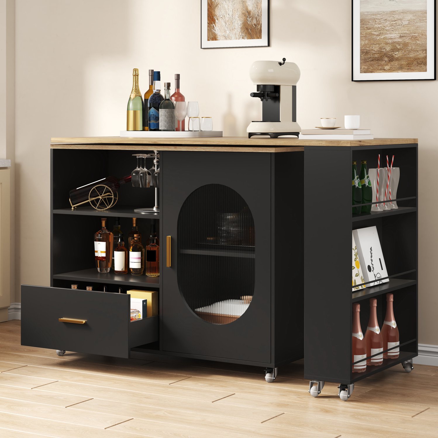 MIVRAY Keukeneiland - Draaibaar Werkblad Met Opbergruimte En Wielen - Voor Keuken En Eethoek - MDF - 120 Tot 180 x 60 x 90 Cm - Naturel Zwart