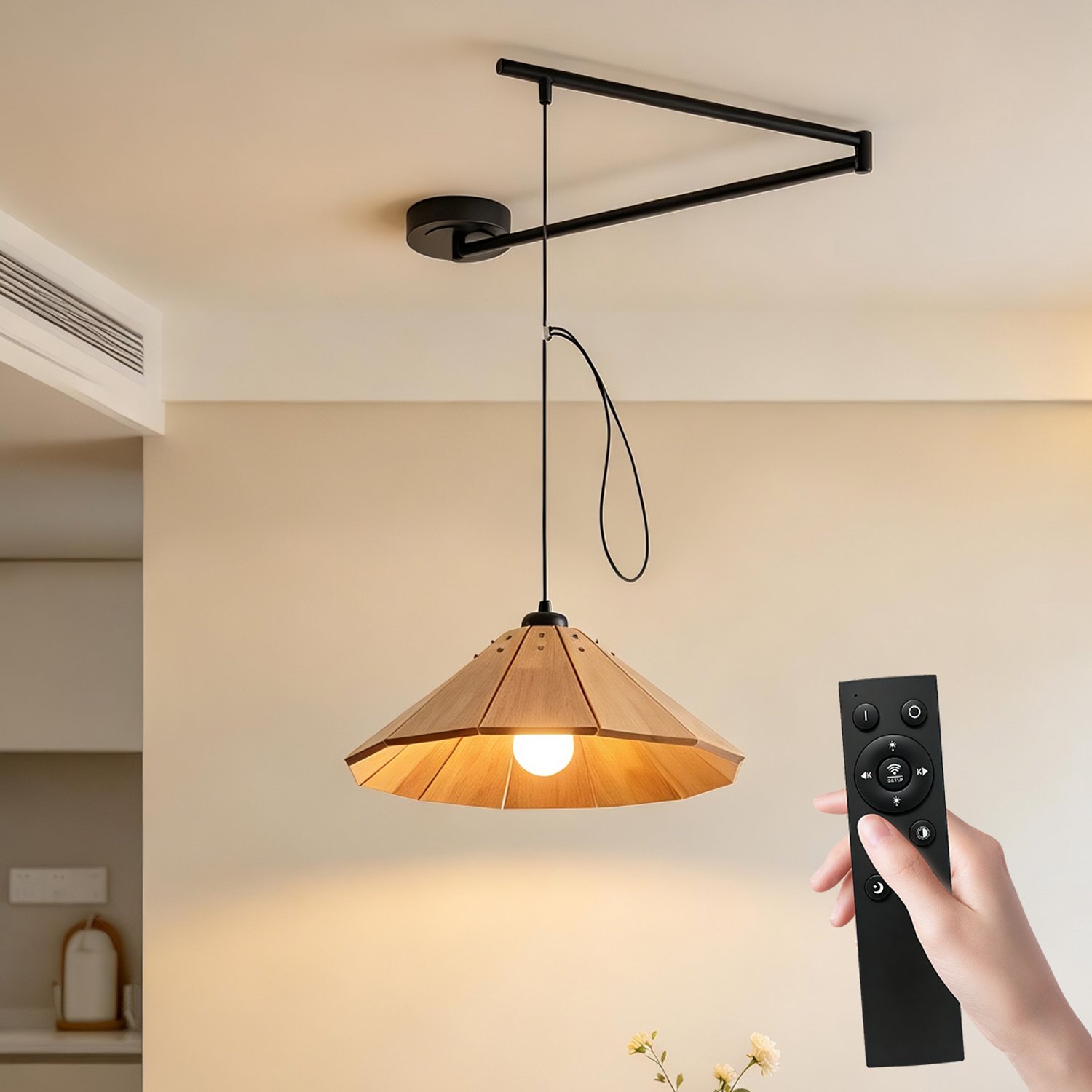 Epochglo Scandinavische Houten Hanglamp E27 - Vintage Plafondlamp met 350° Draaibare Arm - Inclusief 9W Dimbare LED Lamp & Afstandsbediening (3000K-6500K) - Retro Hanglamp voor Eettafel, Keuken & Woonkamer