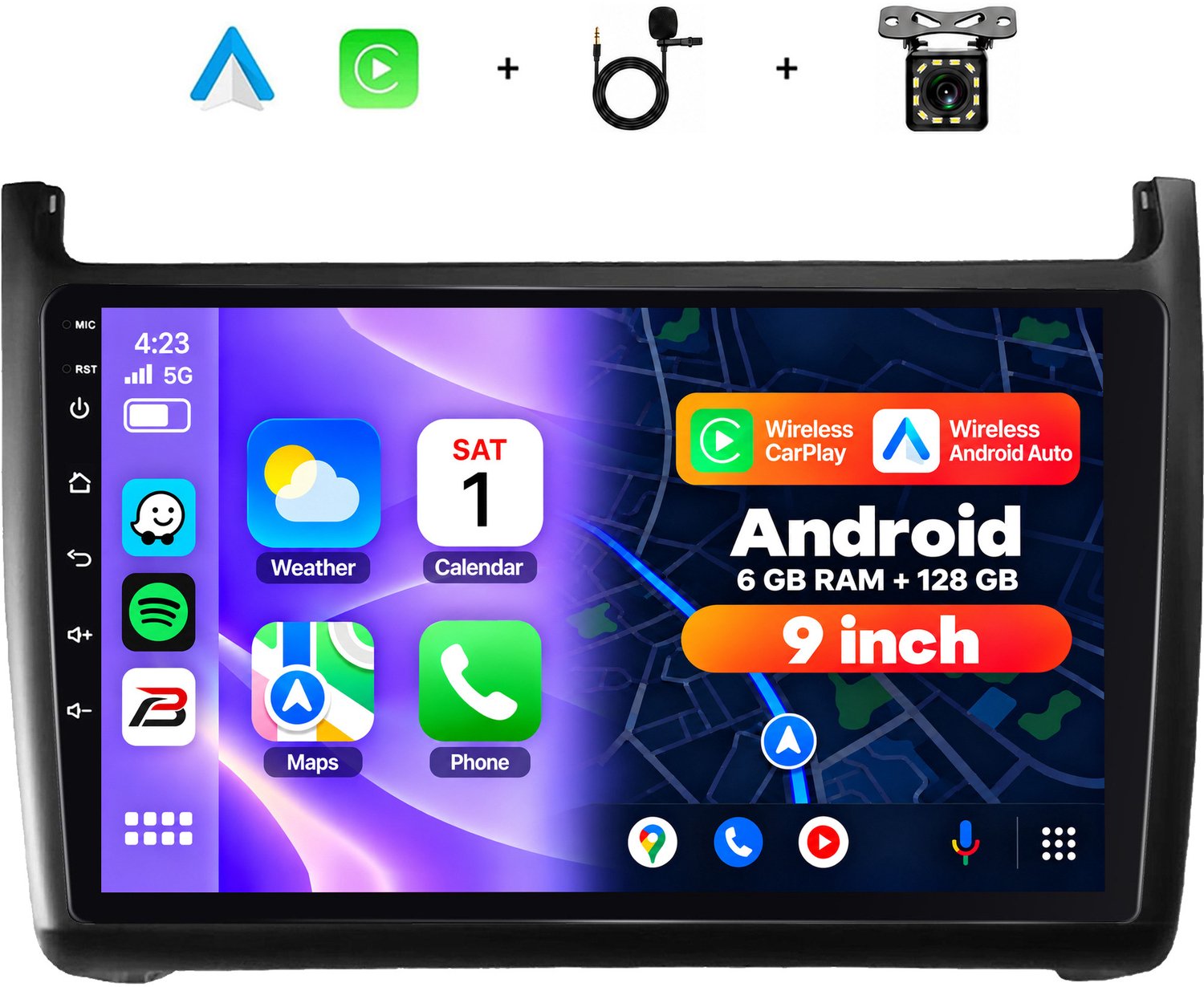 Boscer 2 Din Android 15 Autoradio - Geschikt voor Volkswagen Polo (2011-2016) - Draadloos Apple CarPlay & Android Auto - 6+128GB - 9 Inch HD Touchscreen - GPS Navigatie - WiFi, Bluetooth & USB - Achteruitrijcamera & Microfoon