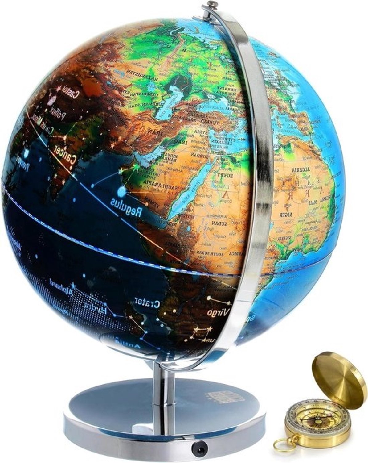 Verlichte wereldbol - Educatieve aardbol - Ontdek de wereld - Sterrenbeeldennachtlamp - 33 cm hoog - Meerkleurig