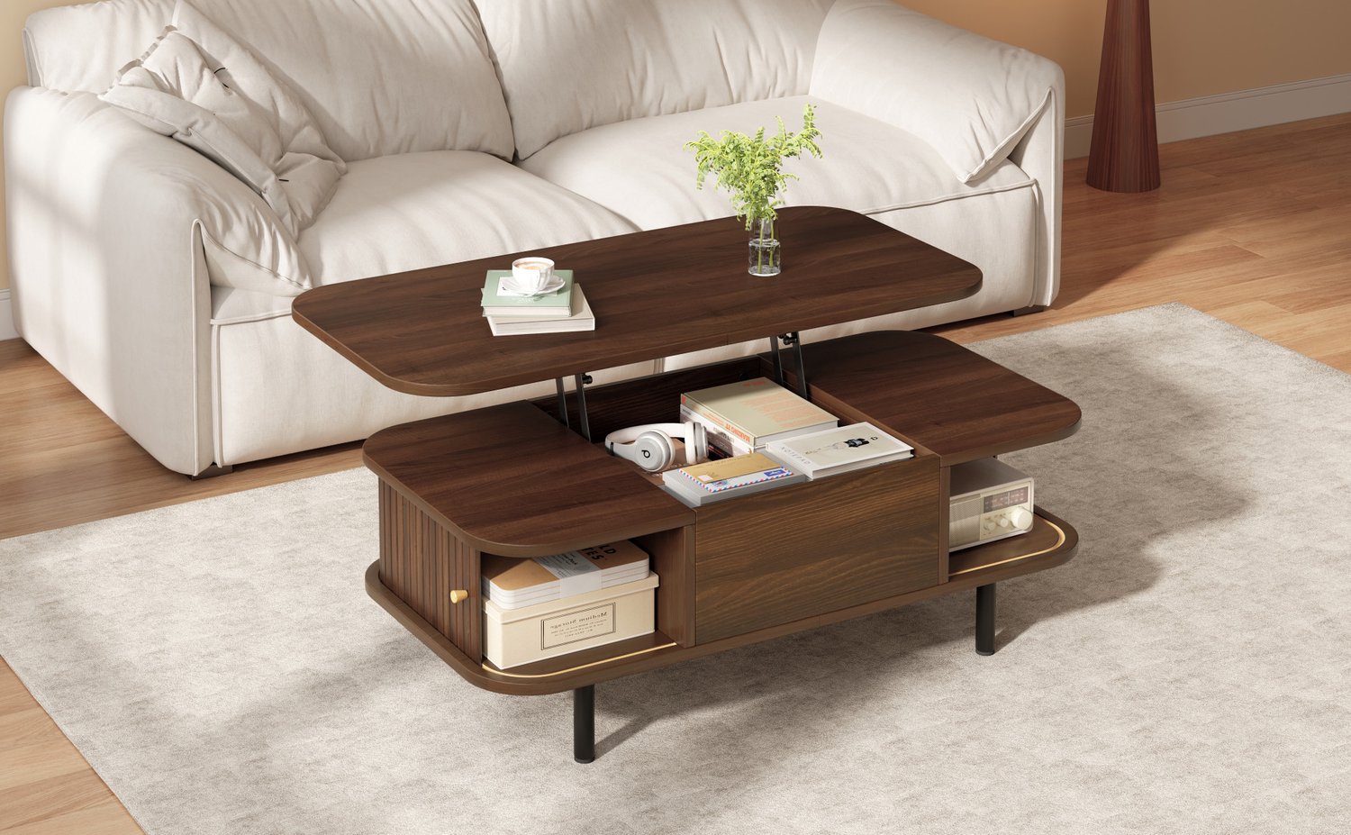 COVREO Salontafel met lift-top – 101 x 51 x 52,5 cm – Zeteltafel met 2 roldeuren – Woonkamertafel voor werk – Walnoot
