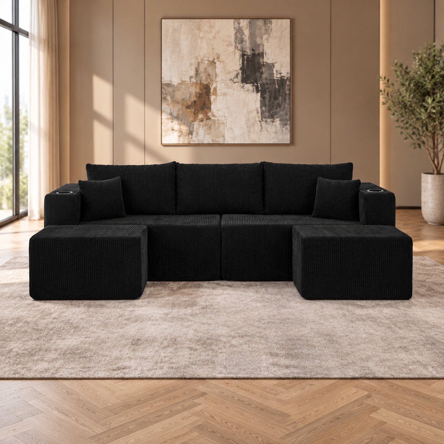 WUVRIE Modulaire hoekbank 230x138 cm - 3-zits met 2 verplaatsbare ottomanen, bekerhouders en opbergvakken - Zwart