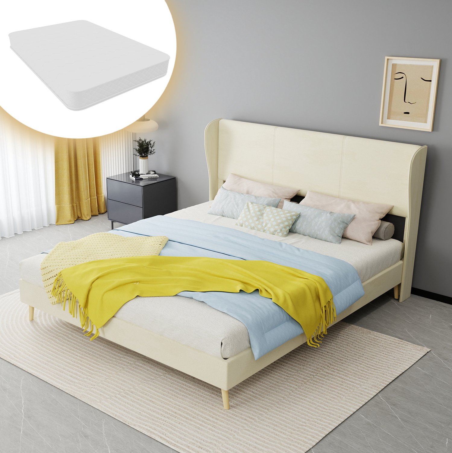 WUVRIE Gestoffeerd bedframe 160x200 cm - Zacht hoofdbord en lattenbodem - Beige