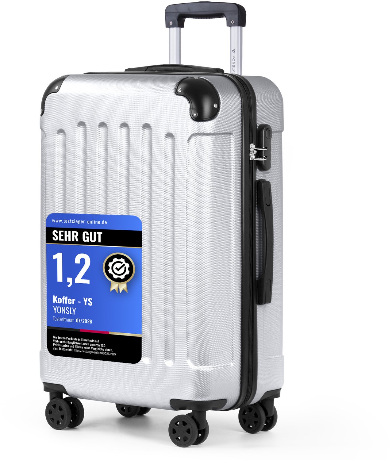 YONSLY Handbagage Koffer - 66cm - 66 L - Cijferslot- 360° Draaibare Wielen - Trolley- 66 x 43 x 26 cm - Zilver