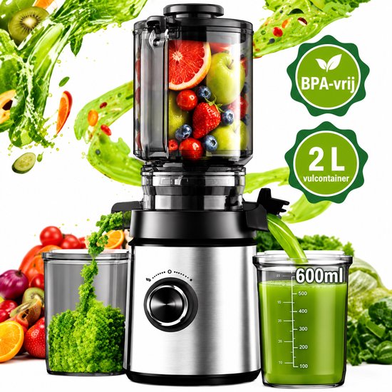 Slowjuicer vultrechter met fruit en groenten, 2L vulcontainer, BPA-vrij, met opvangbekers voor sap en vezelige pulp.