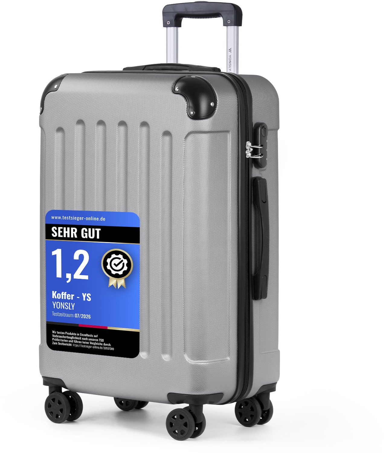 YONSLY Handbagage Koffer - 66cm - 66 L - Cijferslot- 360° Draaibare Wielen - Trolley- 66 x 43 x 32 cm - Lichtgrijs