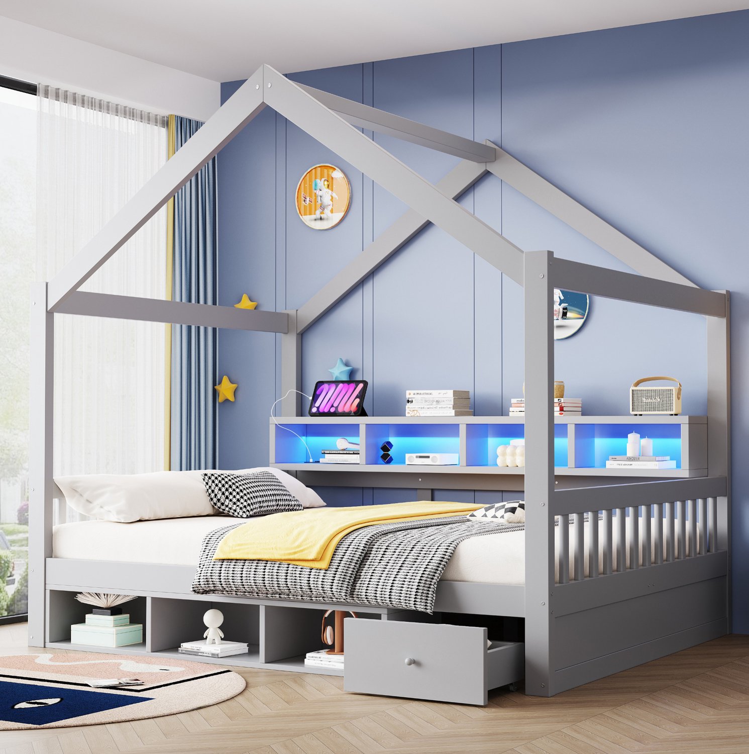 MODENUIT Bed Met Dakframe – 140 x 200 cm – Hout En MDF – Grijs – Met Opbergruimte En Ledverlichting