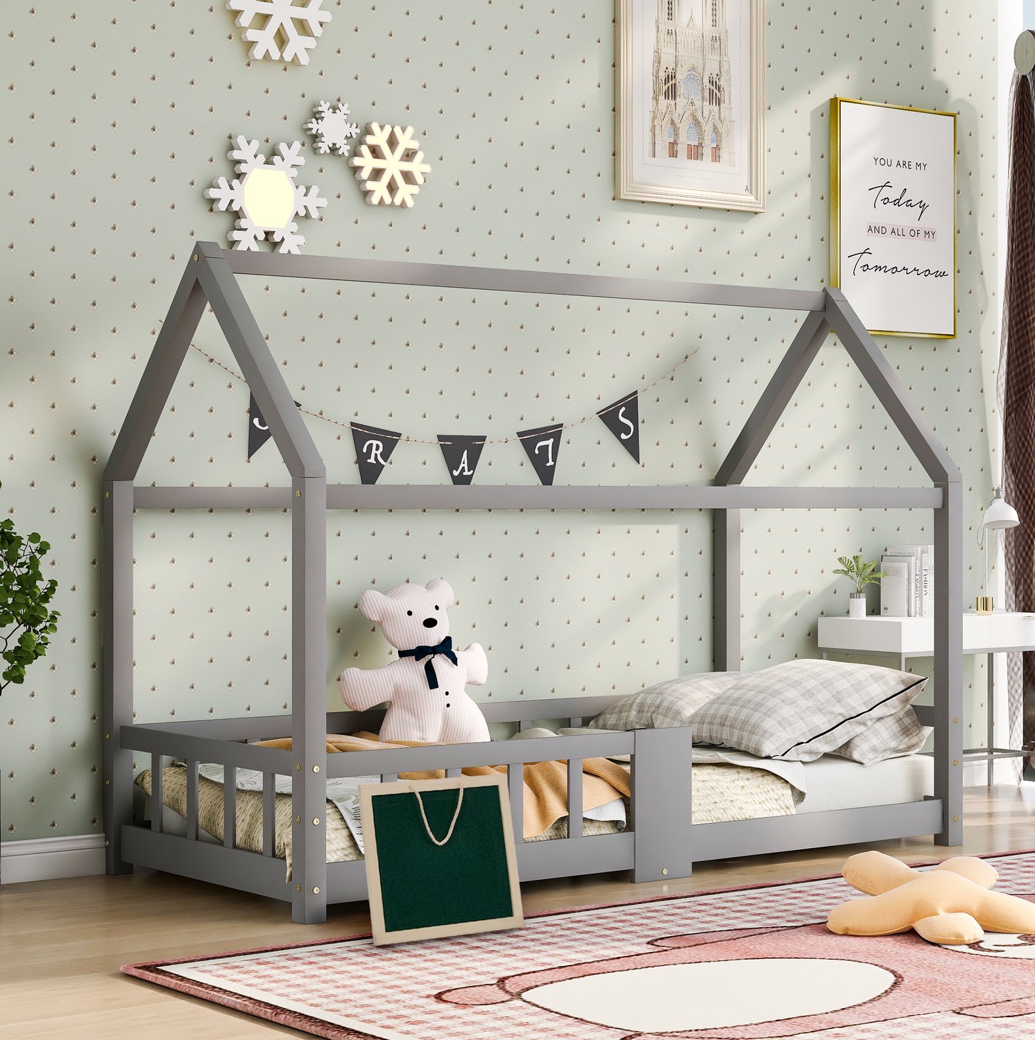 Maisentiel Kinderbed Huisbed 90 x 200 cm met Krijtbord en Uitvalbeveiliging - Hout/MDF Grijs