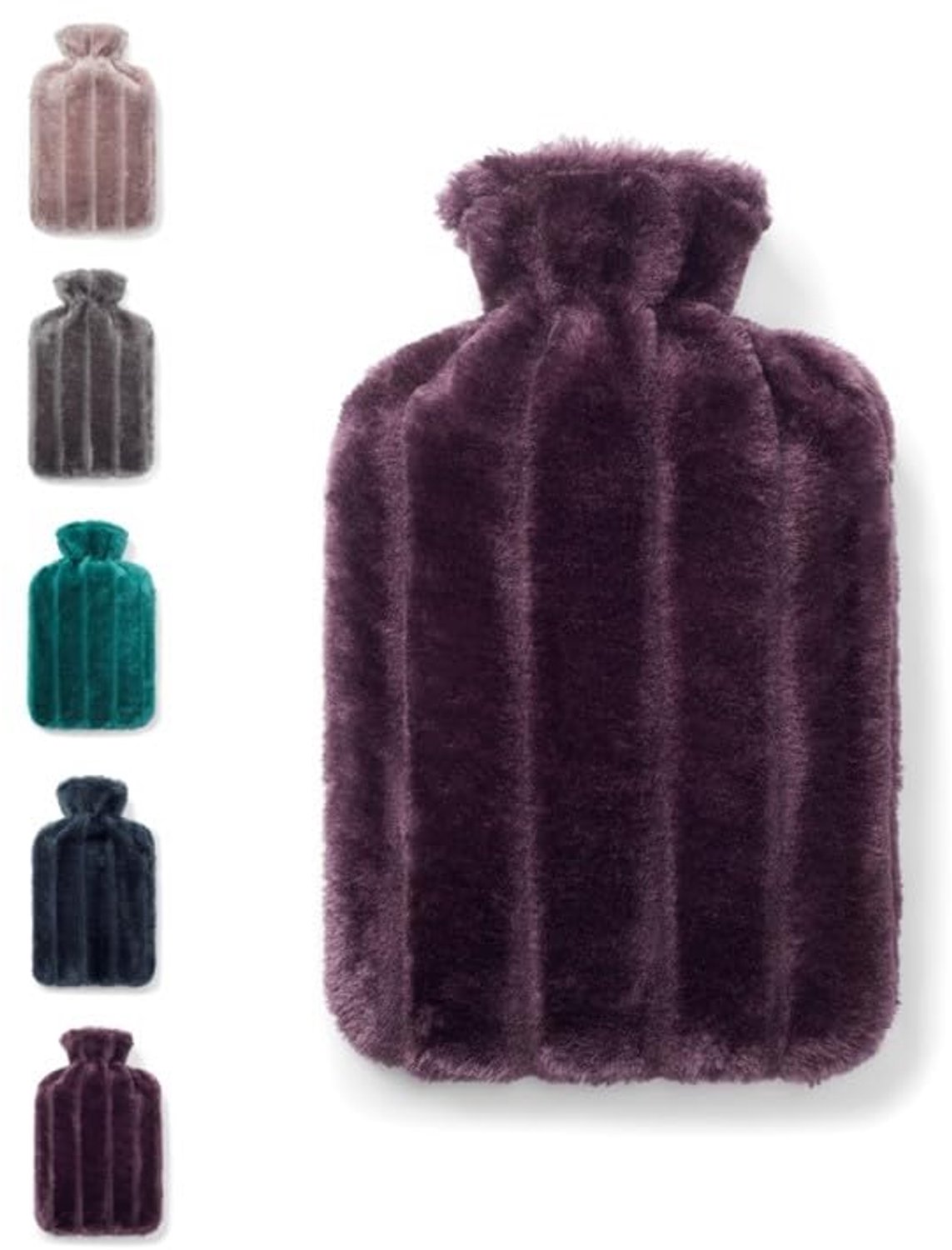 Warmwaterkruik 2 L - Zachte Pluche Hoes - Natuurlijk Geribbeld Rubber - Lekvrije Schroefdop - Klittenbandsluiting - Pruimpaars