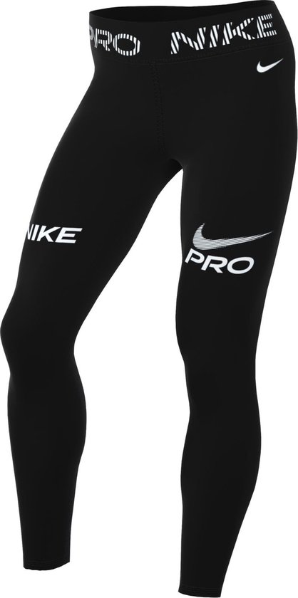 Zwarte Nike sportlegging met witte 'Nike Pro' branding op de tailleband en dijbenen.