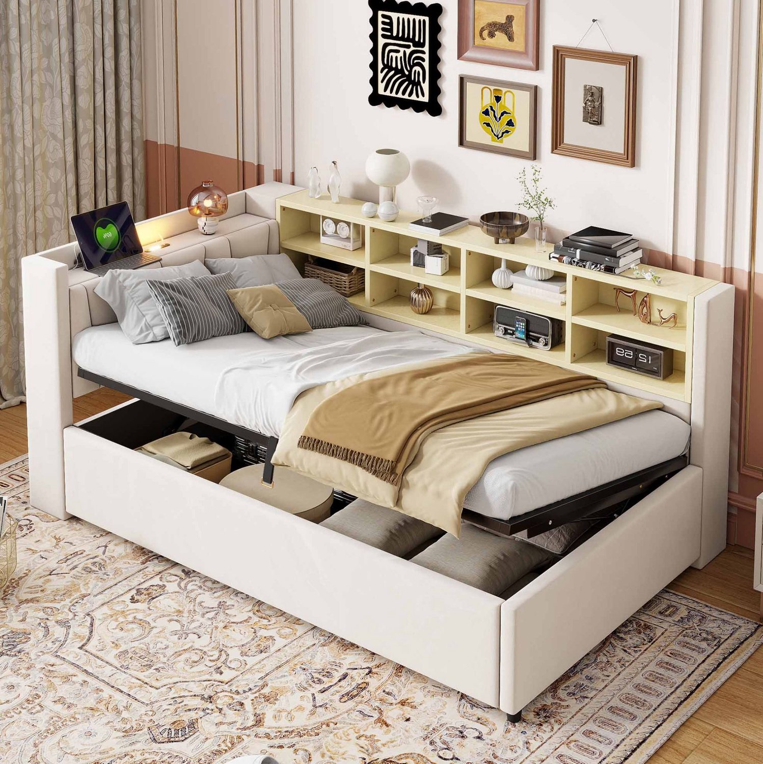 MODENUIT Slaapbank – Hydraulische Opbergruimte – 90 x 200 cm – Velours – Beige – Nachtlampje met USB en Type-C