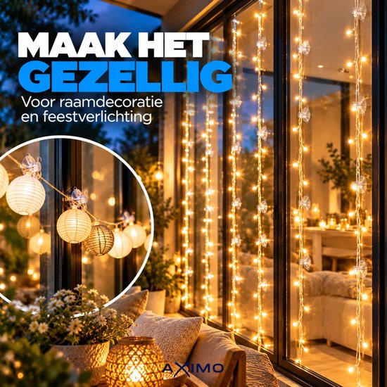 Sfeervolle verlichting opgehangen aan ramen met transparante zuignappen. Tekst: Maak het gezellig.