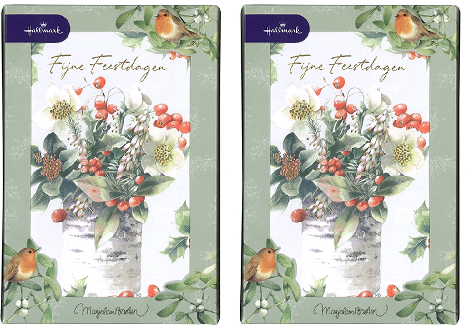 Hallmark - Marjolein Bastin - 20 Kerstkaarten - 2 doosjes - Boeket op stam - Goudfolie - Kerst - Nieuwjaar - 12,5 x 18 cm
