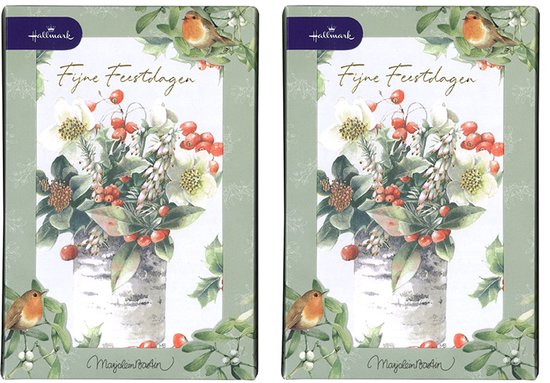 Twee verpakkingen met kerstkaarten, versierd met roodborstjes, een boeket in berkenvaas en tekst Fijne Feestdagen.