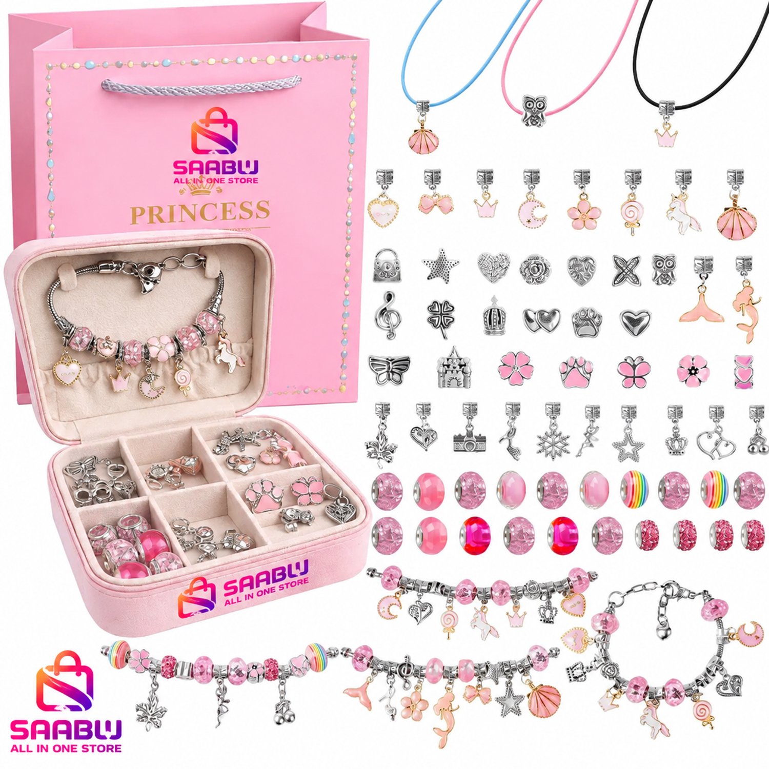 Armband en Ketting Maakset voor Kinderen 66-delig Roze – Sieraden Maken met Kralen en Bedels, Creatieve Knutselset in Opbergdoos met Cadeautasje, Cadeau voor Meisjes vanaf 3 Jaar – 85074
