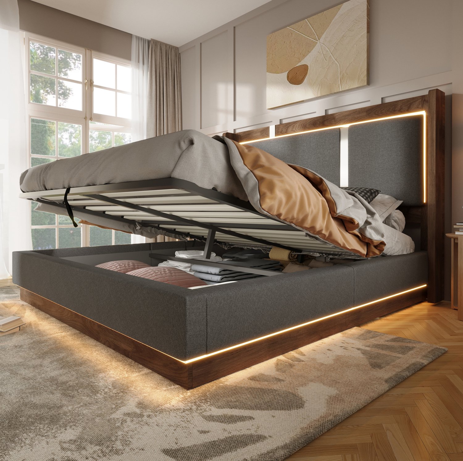 WUVRIE Gestoffeerd bed 180x200 cm - LED, lattenbodem en hydraulische opbergruimte - Grijs/walnoot