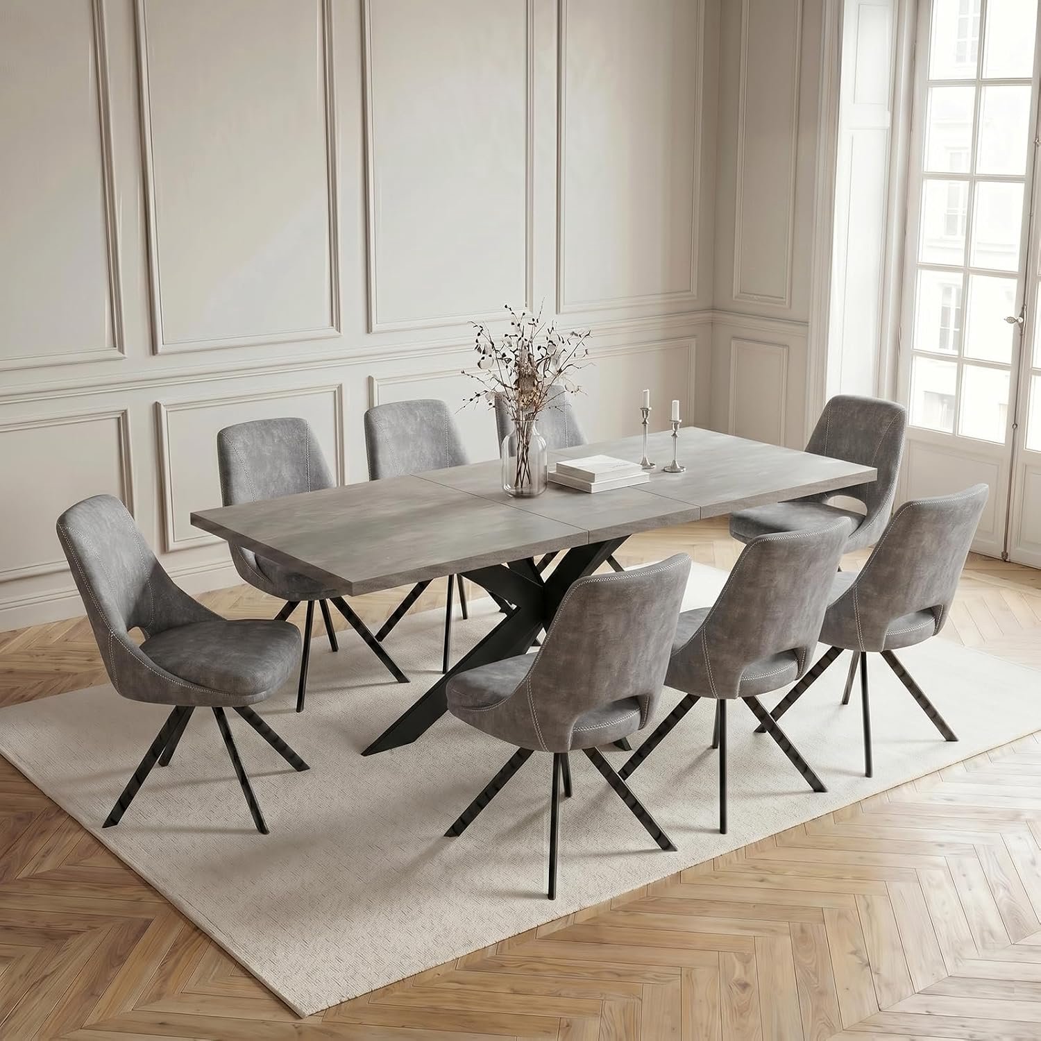 Uitschuifbare Eettafel met 8 Grijze Gestoffeerde Eetkamerstoelen – Moderne Rechthoekige Eetkamerset 160-200 x 90 x 76 cm, MDF Tafelblad met Betonlook, Zwart Metalen Onderstel, Comfortabele Stoelen met Kunstleren Bekleding