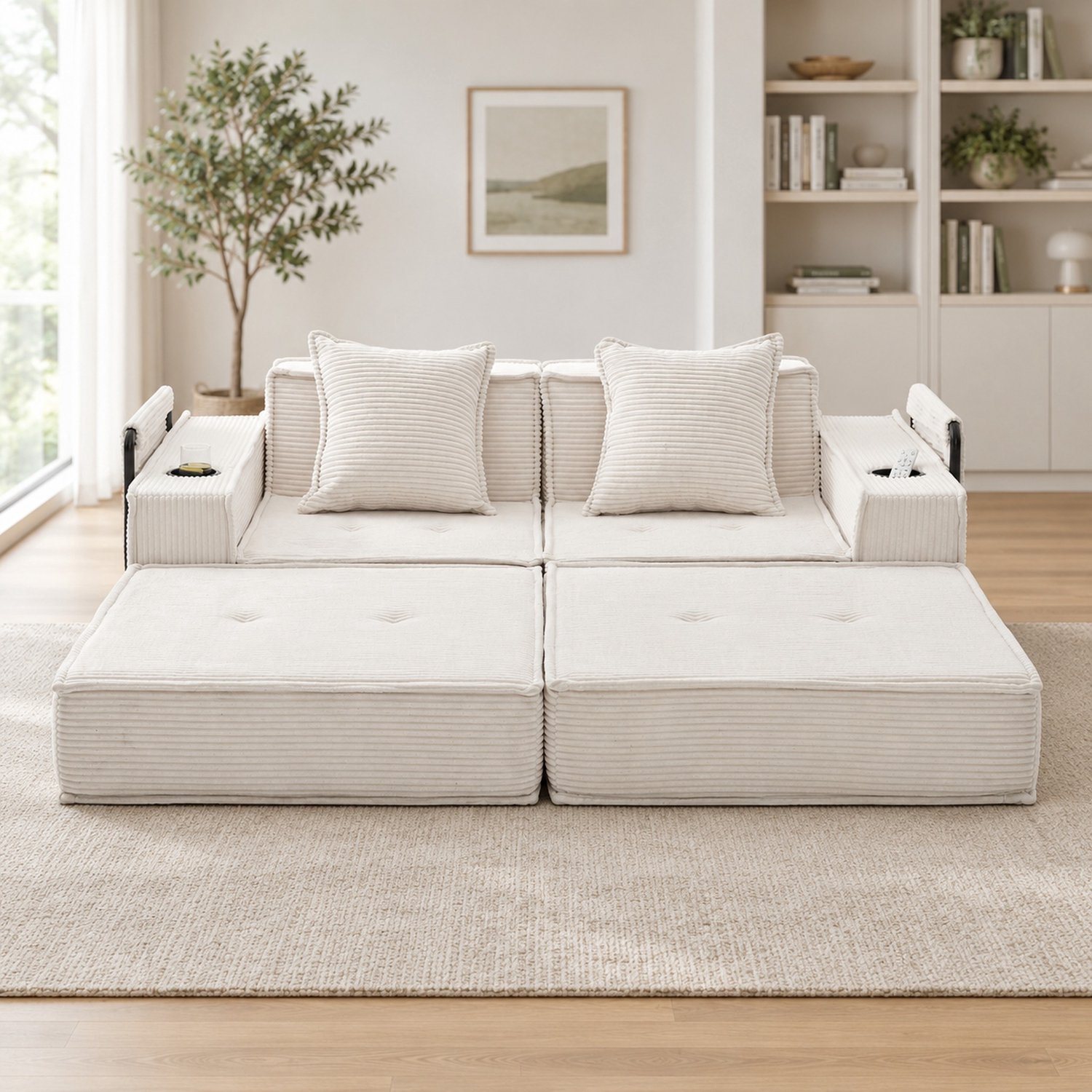 WUVRIE 2-zits slaapbank 162x78x66 cm - Modulaire corduroy bank met opbergruimte - Beige