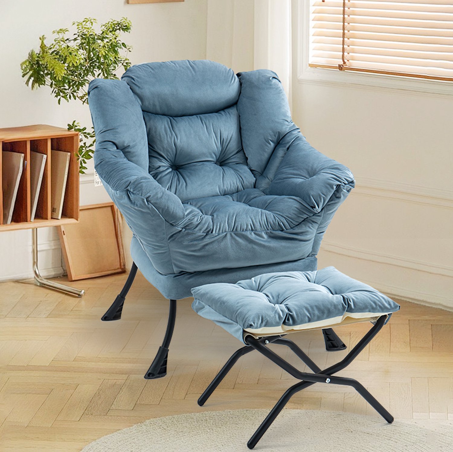 CHICFURN Fauteuil - Met opvouwbare hocker - Metalen frame - Lichtblauw