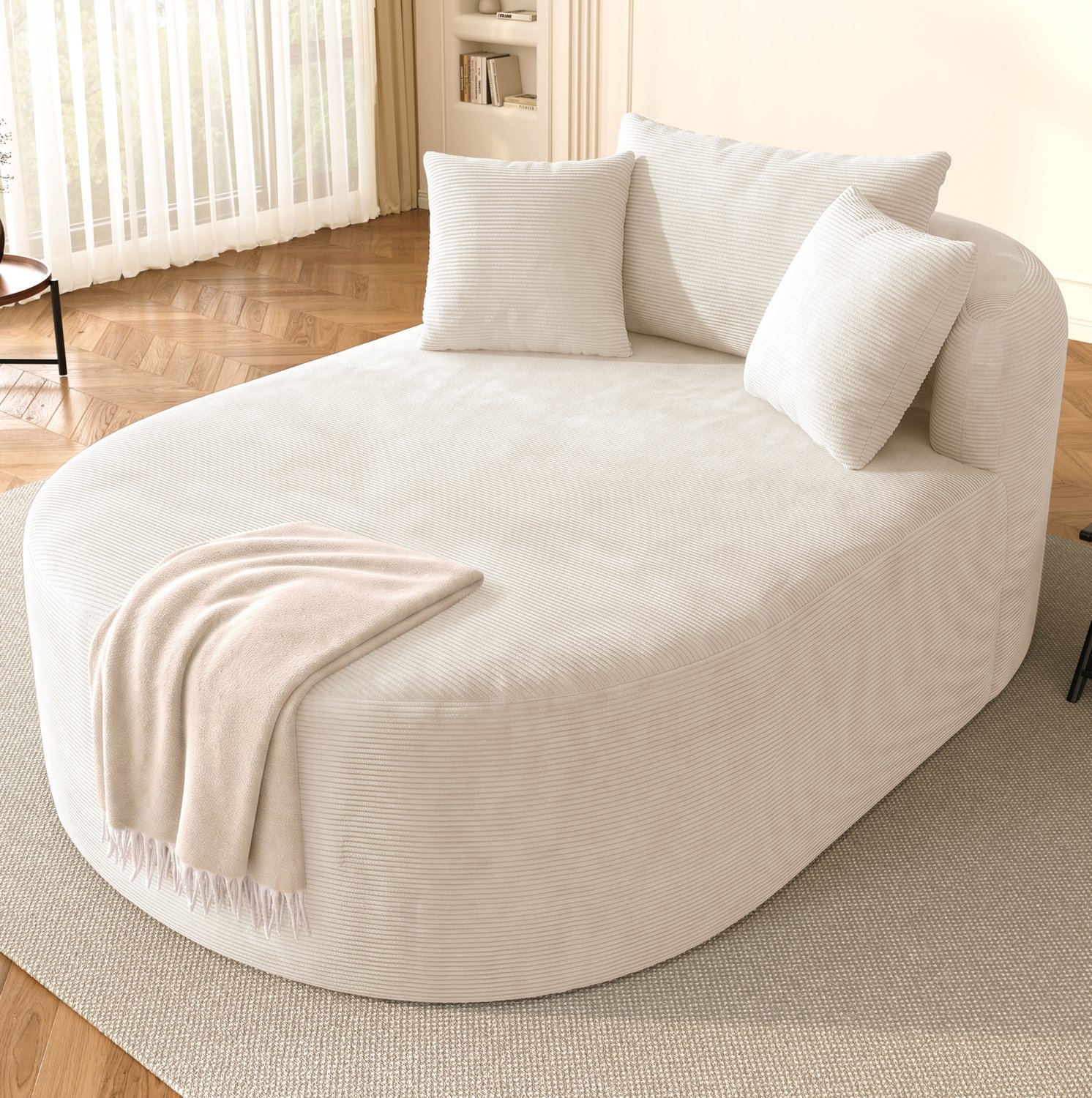 Wishdor Relaxfauteuil - Ovale vorm met diepe zitting - Compressieverpakt en montagevrij - Minimalistisch design - Woonkamer slaapkamer leeshoek - Corduroy - Lichtbeige - 170 x 112,5 x 83 cm