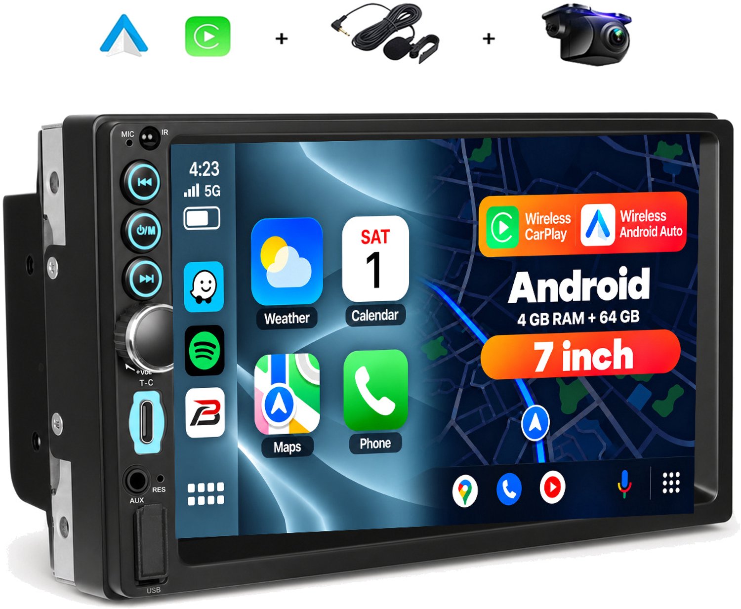 Boscer Autoradio 2Din Universeel - Android 15 - Apple Carplay & Android Auto (Draadloos) - 7 Inch HD Touchscreen - 4+64GB - GPS Navigatiesysteem - USB, USB-C, Aux, SD, WiFi, Bluetooth - MP5 - Achteruitrijcamera & Microfoon