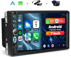 Boscer Autoradio 2Din Universeel - Android 15 - Apple Carplay & Android Auto (Draadloos) - 7 Inch HD Touchscreen - 4+64GB - GPS Navigatiesysteem - USB, USB-C, Aux, SD, WiFi, Bluetooth - MP5 - Achteruitrijcamera & Microfoon