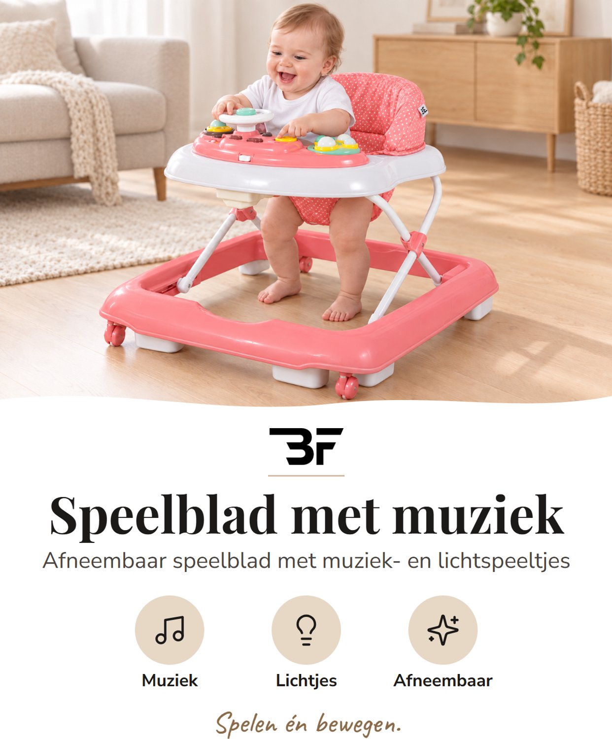 Bebies First Loopstoel / Baby Walker – Makkelijk in te klappen – In hoogte verstelbaar – Met afneembare speelset - Roze – foto 2