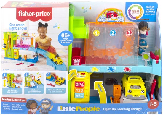 Verpakking van de Fisher-Price Little People garage met jongetje dat ermee speelt en afbeeldingen.