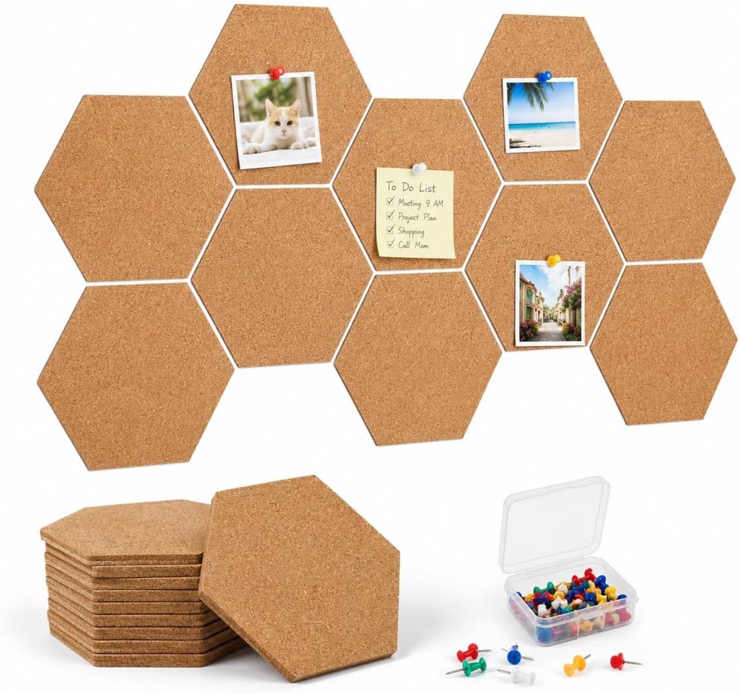 KZQ 12 Stuks Kurken prikbord – Zelfklevende zeshoekige kurktegels – Voor het ophangen van foto's, notities en wanddecoratie – Inclusief 50 punaises
