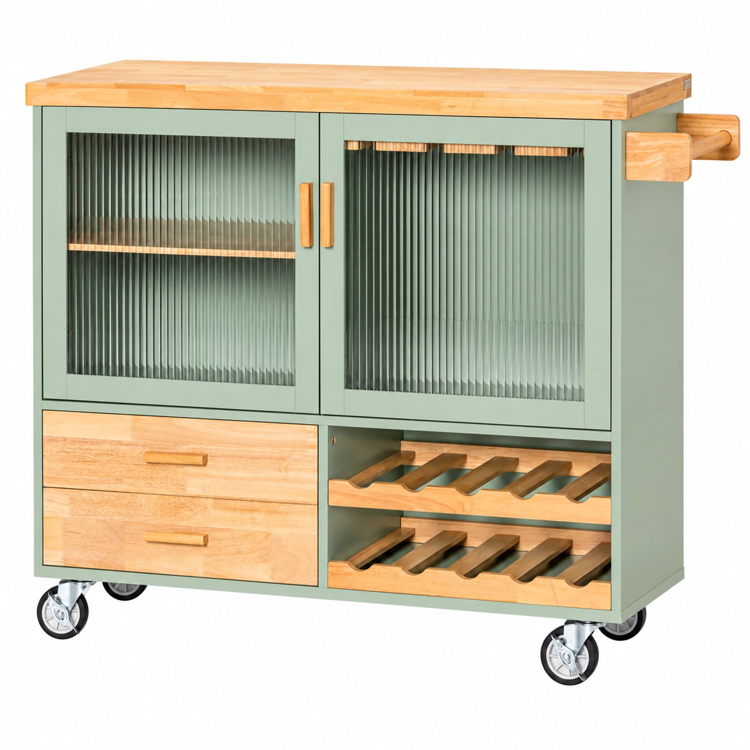 Nyoz keukentrolley met wijnrek - Keukenrek - Keuken organizers - 109 cm - 2 lades - 4 wielen - 10 wijnflessen - Houten werkblad