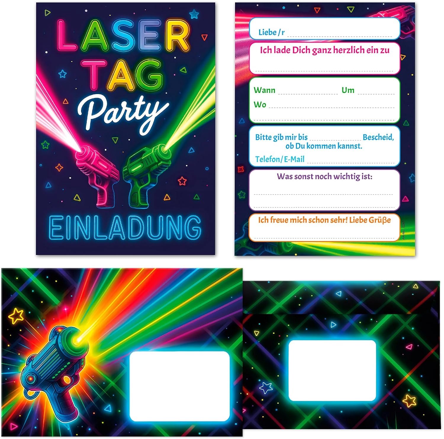 12 invitation cards including 12 envelopes for children's birthday, laser day, girls, boys, children, invitations, lasert, day game, party, birthday,
