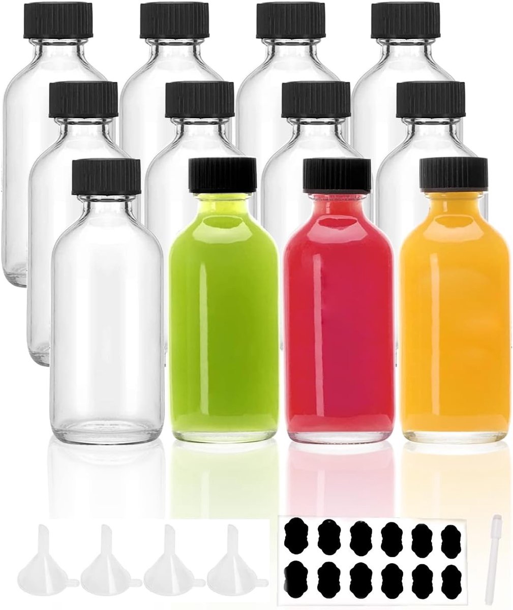 12 Stuks Mini Shotglas Flessen van 60 ml met Trechter, Labels en Pen, Ideaal voor Gember, Gin en Drankjes