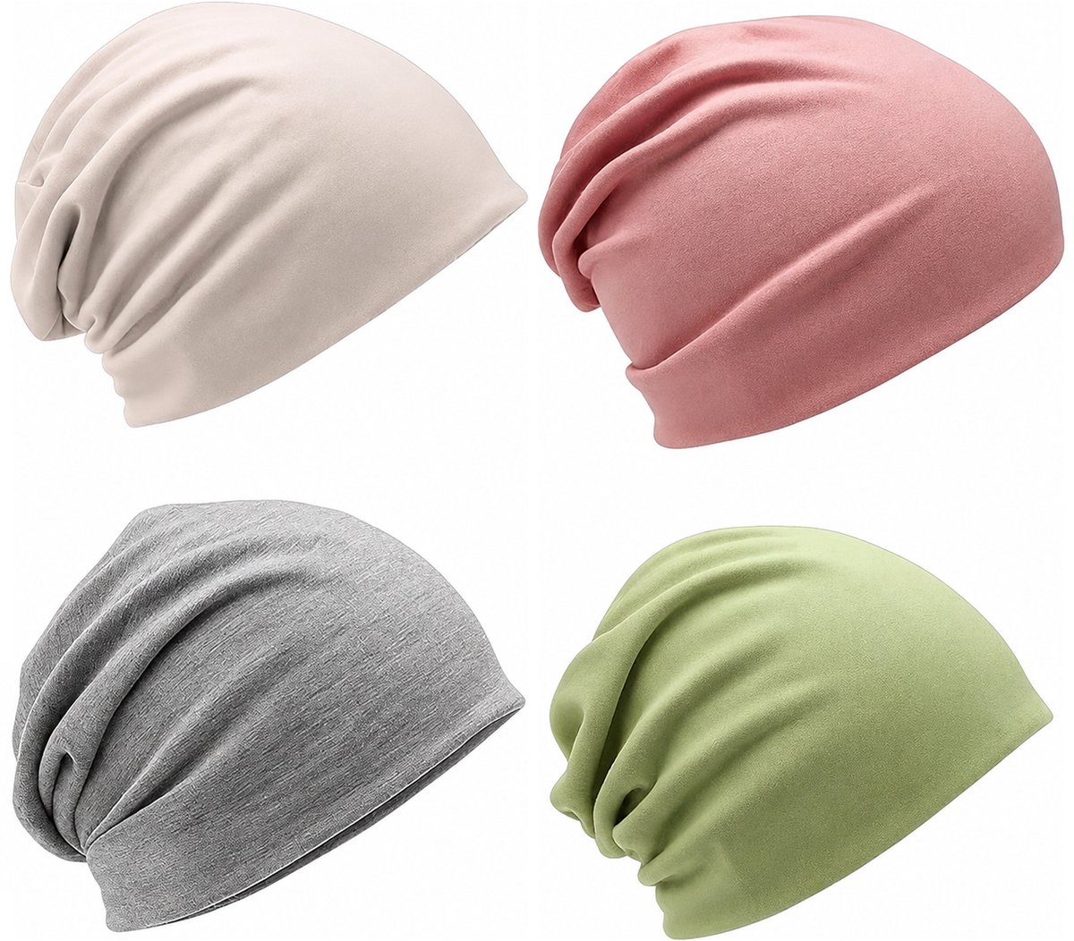 Kaiyaya - set van 4 slouchy beanie mutsen - zacht katoen - ademend en elastisch - one size - voor dagelijks gebruik, sport en koude dagen - beige, donkergrijs, roze en lichtgroen