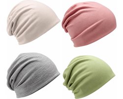 Kaiyaya - set van 4 slouchy beanie mutsen - zacht katoen - ademend en elastisch - one size - voor dagelijks gebruik, sport en koude dagen - beige, donkergrijs, roze en lichtgroen