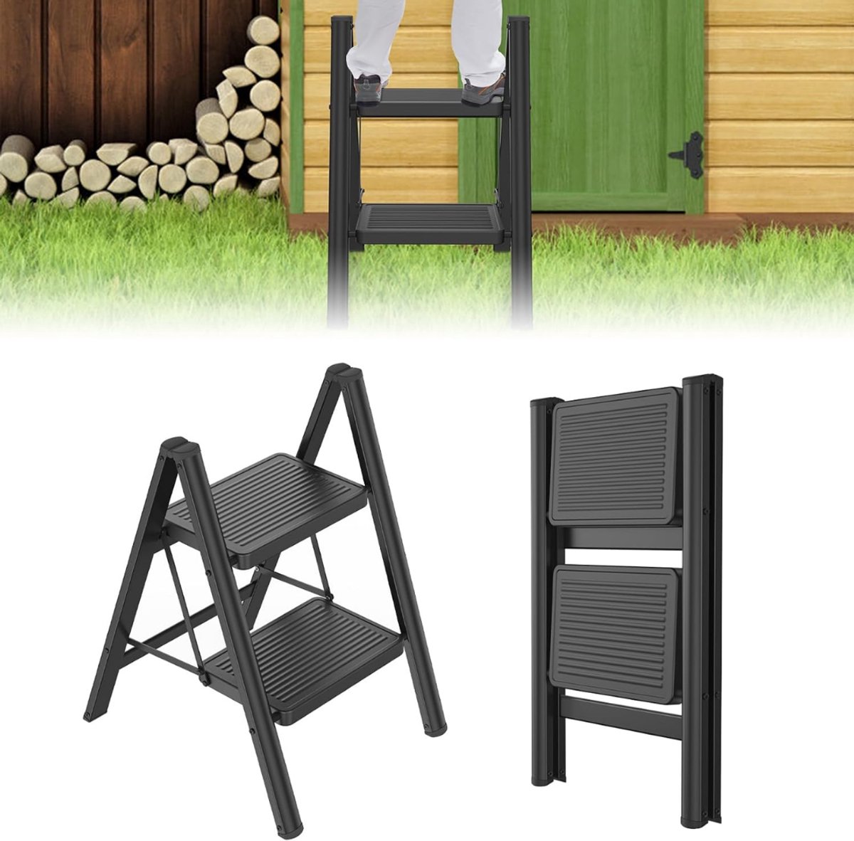 SP® Huishoudtrap - Huishoudladder Inklapbaar - Huishoudtrap 2-treden - Zwart - 49cm x 42cm x 64cm