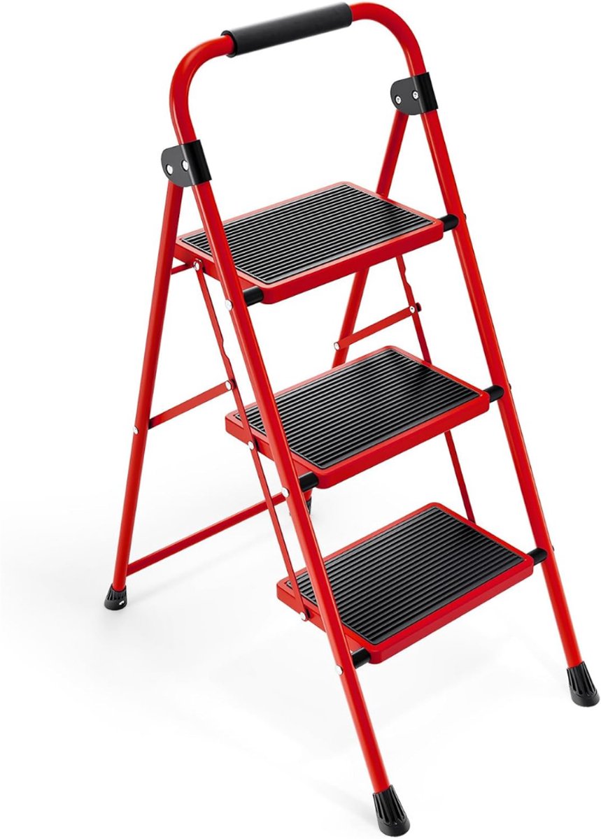 SP® Huishoudtrap - Huishoudladder Inklapbaar - Huishoudtrap 3-treden - Rood/Zwart - 65cm x 40cm x 90cm