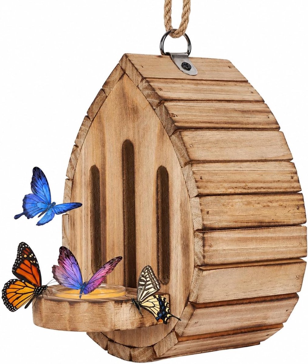 Daity Houten vlinderhuisjes en voederhuisjes voor buiten – natuurlijke nestkastjes voor vlinders, hangende insectenhotels (geschikt als tuindecoratie voor vlinders, bijen en motten).