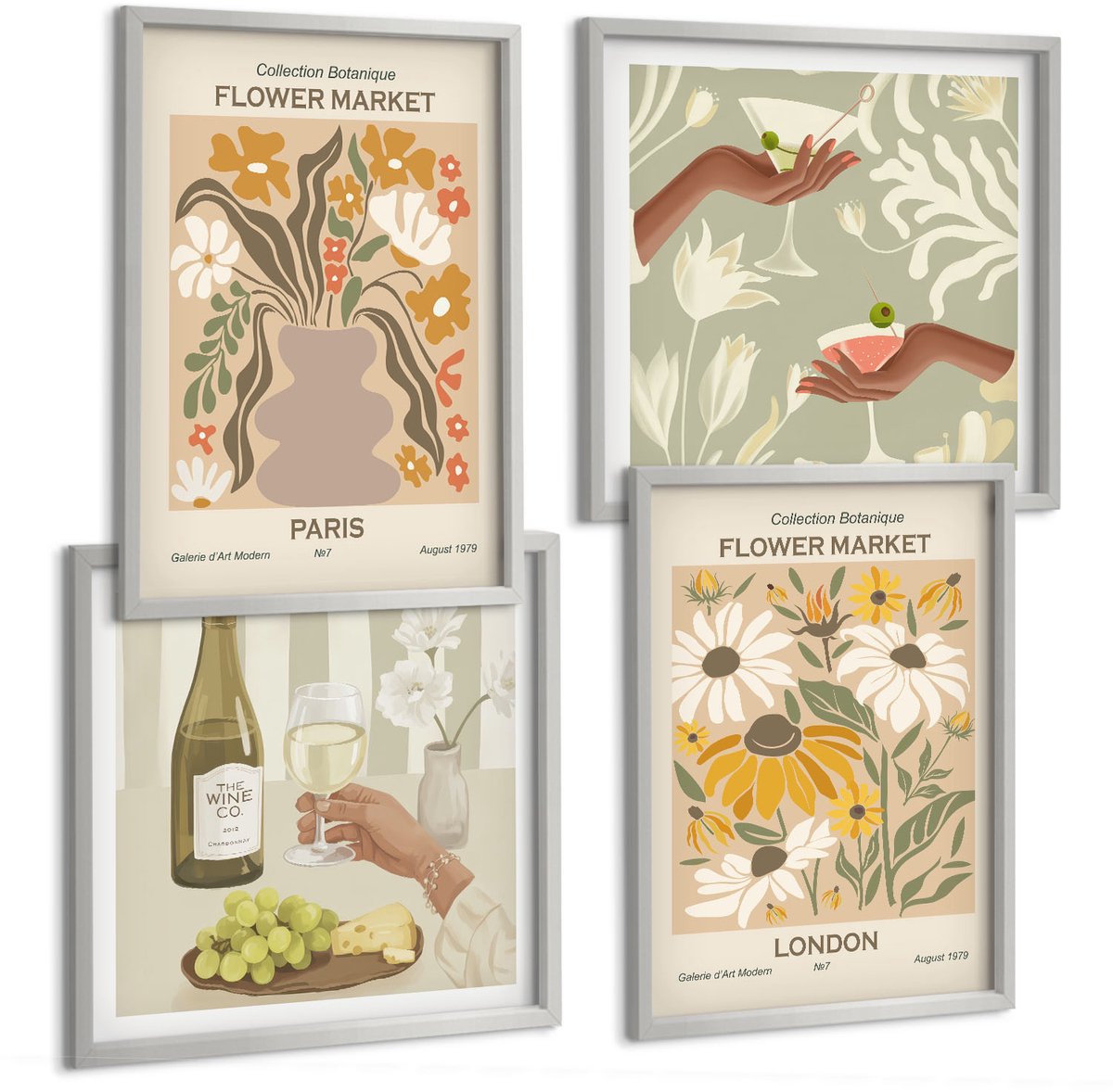 Coloray 4-Delige Schilderij Set - Bloemenpatronen Uit Amsterdam, Parijs En Londen - 40 x 40 cm En 40 x 60 cm - Wanddecoratie - Schilderijen Set - Interieur - Moderne Wanddecoratie