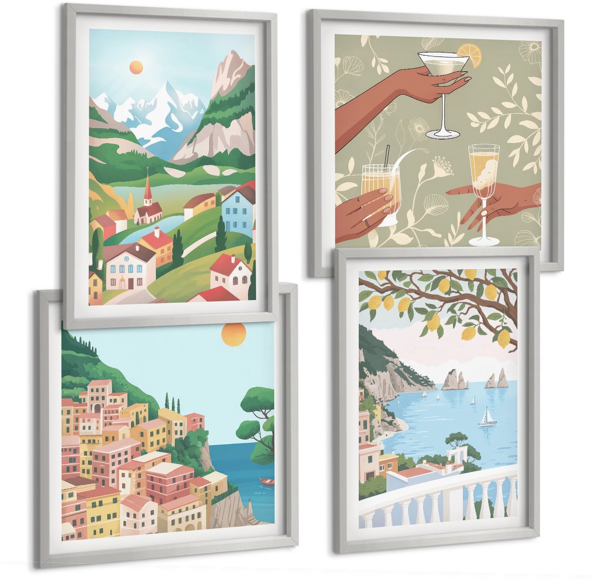 Coloray 4-Delige Schilderij Set - Uitzicht Op Zee Met Pastelkleurige Huizen - 40 x 40 cm En 40 x 60 cm - Wanddecoratie - Muurdecoratie - Moderne Interieurdecoratie - Interieur Decoratie