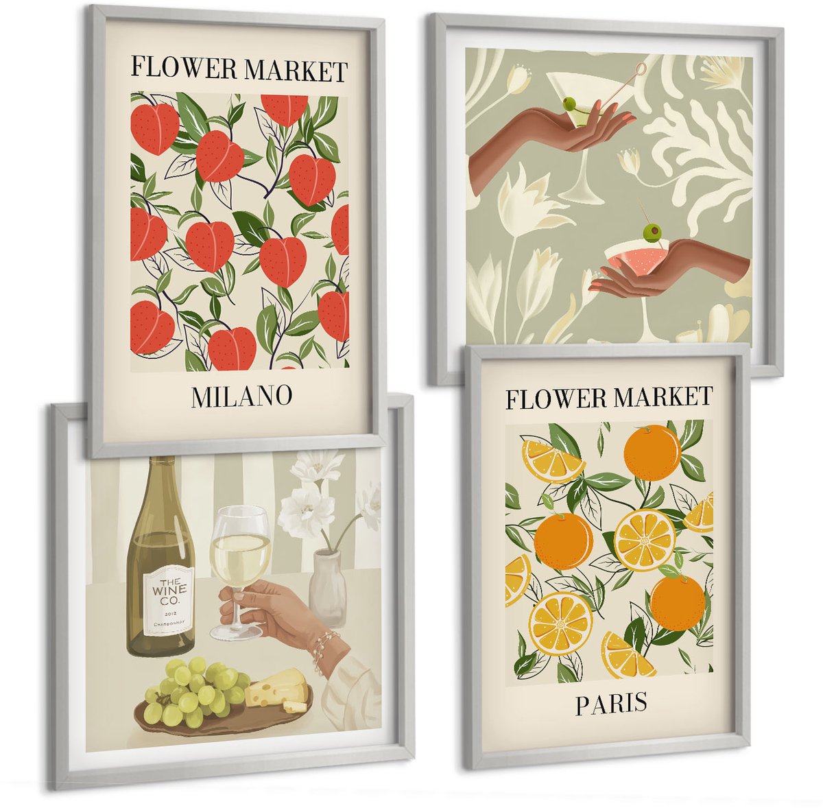 Coloray 4-Delige Schilderij Set - Bloemenposters En Wijn Milaan Parijs - 40 x 40 cm En 40 x 60 cm - Muurdecoratie - Wanddecoratie - Slaapkamer - Woonkamer Decoratie