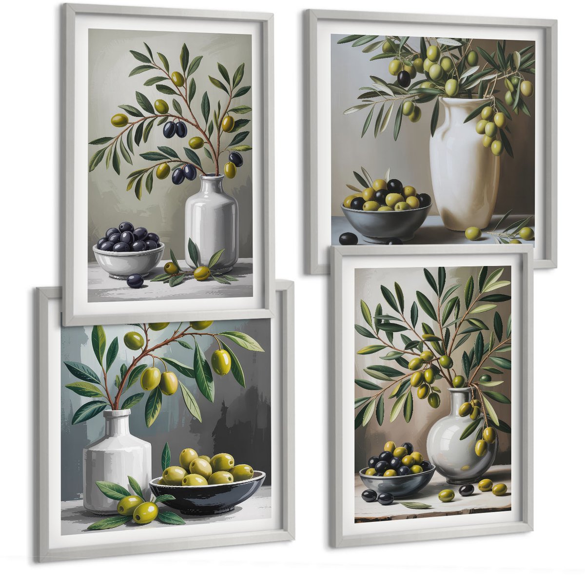 Coloray 4-Delige Schilderij Set - Olijven In Keramische Schalen Op Een Grijze Achtergrond - 40 x 40 cm En 40 x 60 cm - Wanddecoratie - Moderne Interieurdecoratie - Muurdecoratie