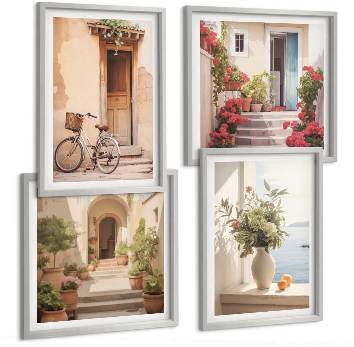 Coloray 4-Delige Schilderij Set - Charmante Straatjes Langs De Kust Met Bloemen En Fietsen. - 40 x 40 cm En 40 x 60 cm - Moderne Wanddecoratie - Woonkamer - Woonkamer Decoratie