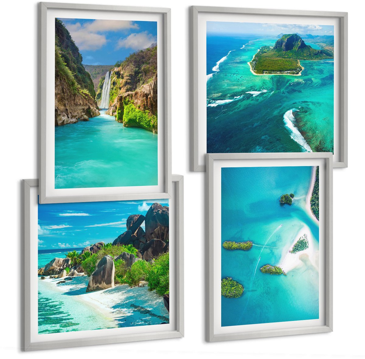 Coloray 4-Delige Schilderij Set - Tropische Landschappen Met Eilanden En Turquoise Water - 40 x 40 cm En 40 x 60 cm - Wanddecoratie - Moderne Interieurdecoratie - Decoratieve Schilderijen