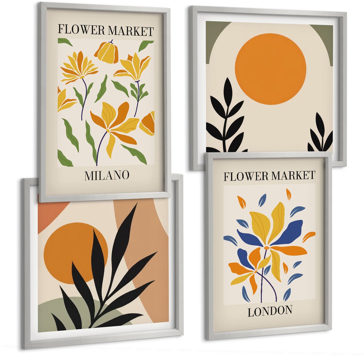 Coloray 4-Delige Schilderij Set - Bloemenposters Parijs Milaan Londen - 40 x 40 cm En 40 x 60 cm - Muurdecoratie - Wanddecoratie - Slaapkamer - Interieur Decoratie